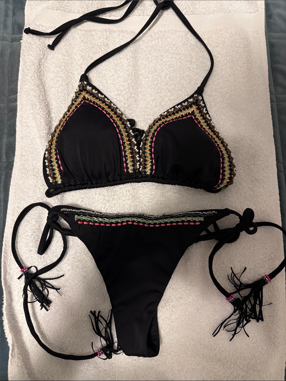 MARINA Black Swimwear Label Top with White Tag Detail